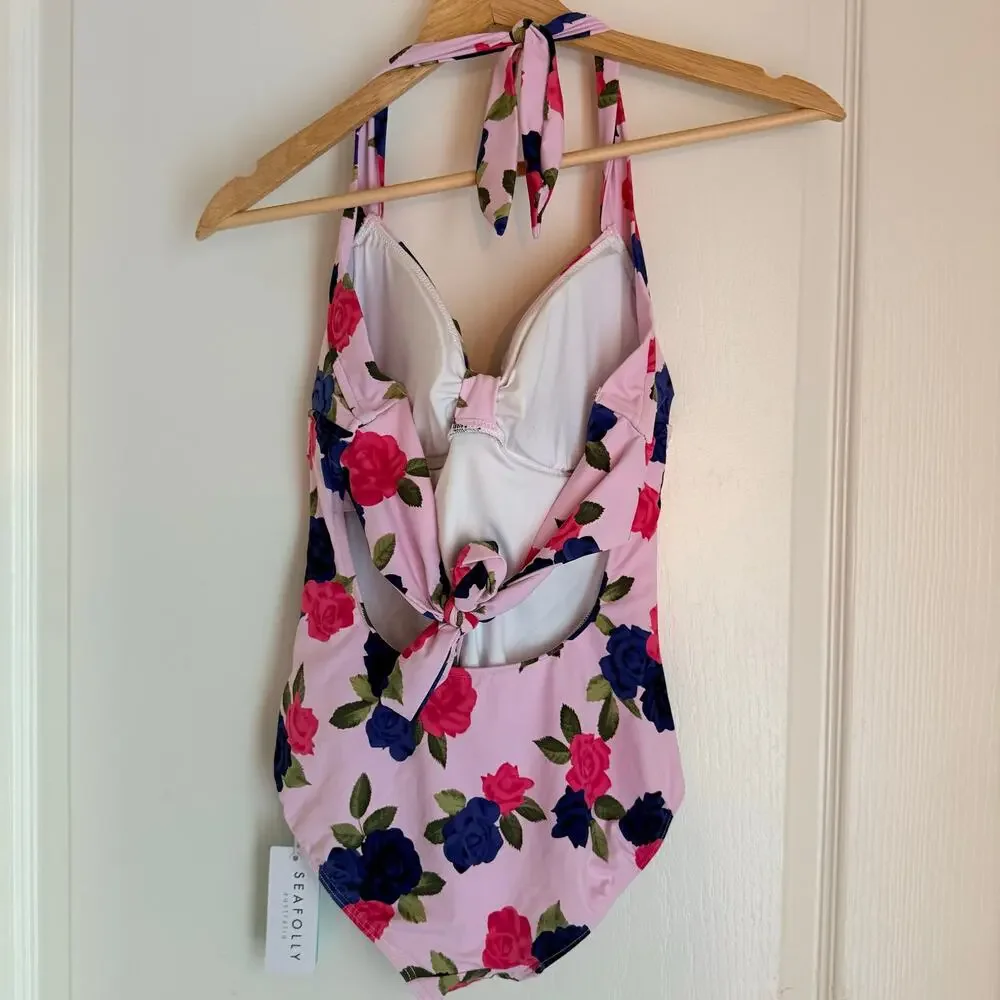 NWT Seafolly Australia Swimsuit Womens US 8 AU 12 Floral Ruched Halter One Piece